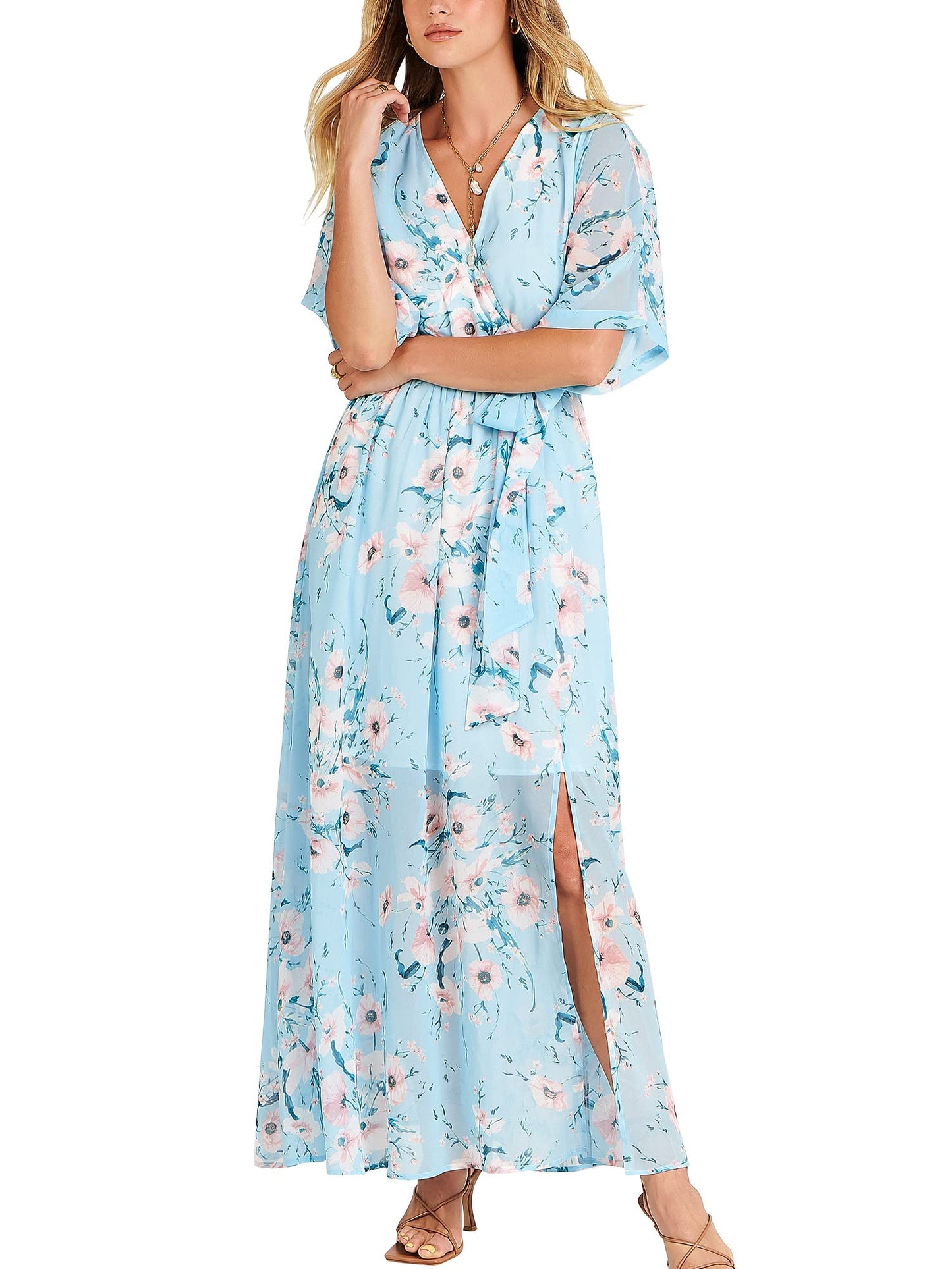 ANRABESS Womens 1/2 Sleeve Beach Wedding Guest Maxi Dresses 2026 Summer Wrap V Neck Boho Floral Flowy Slit Long Dresses