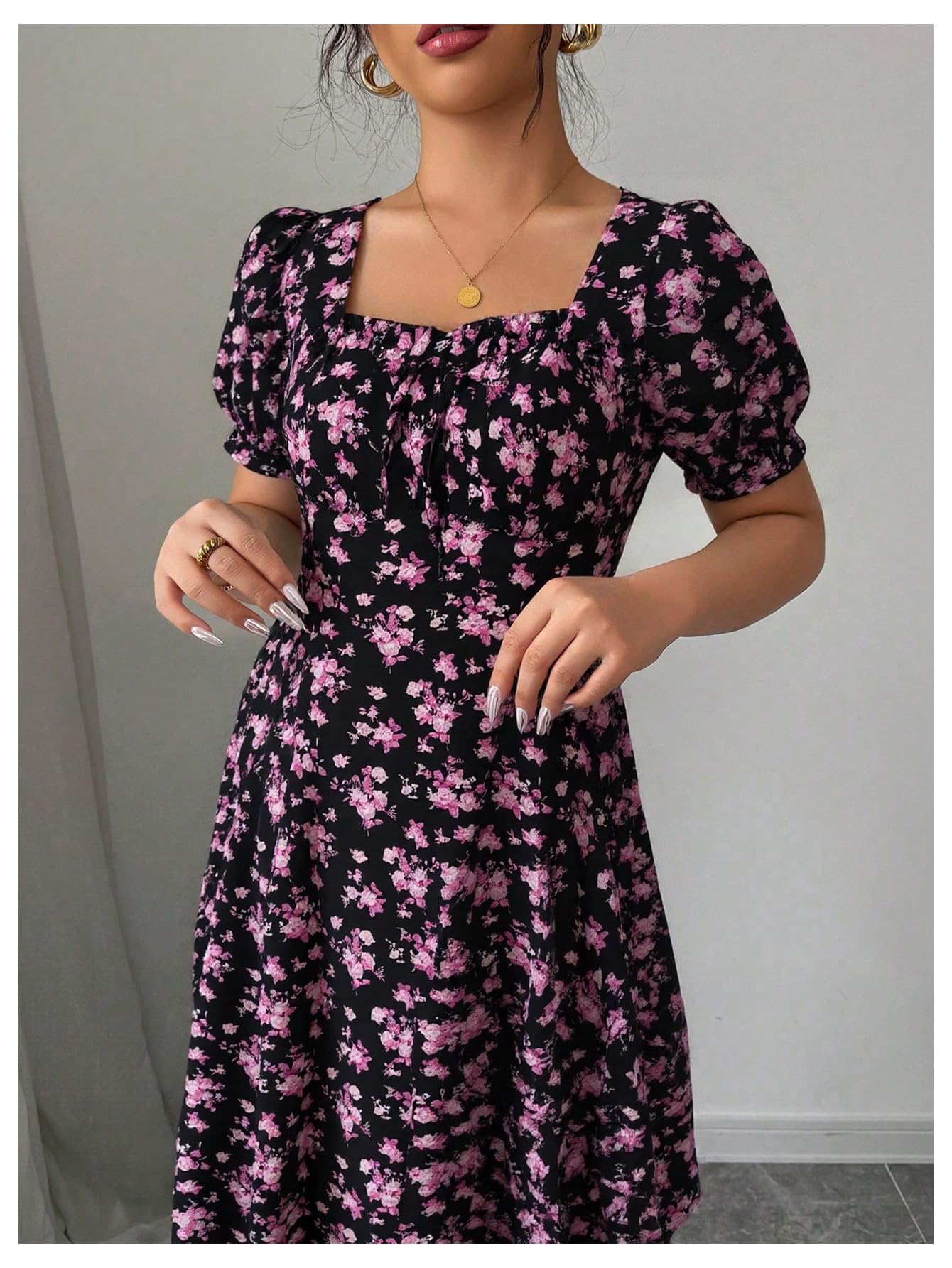 Floerns Women's Floral Short Puff Sleeve Milkmaid Dress Boho A Line Long Dresses