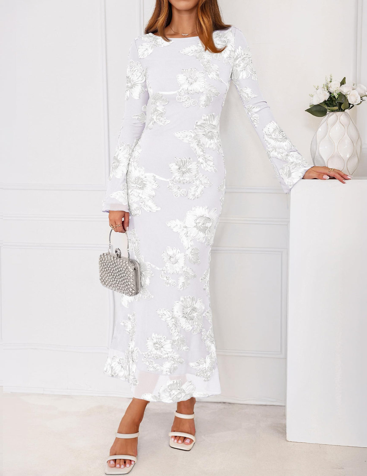 ZESICA Women Fall Long Sleeve Wedding Guest Cocktail Midi Dress