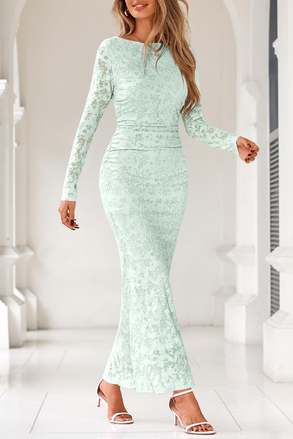 MITILLY Women's Formal Long Sleeve Dress Fall Elegant Floral Bodycon Ruched Cocktail Party Maxi Dresses New