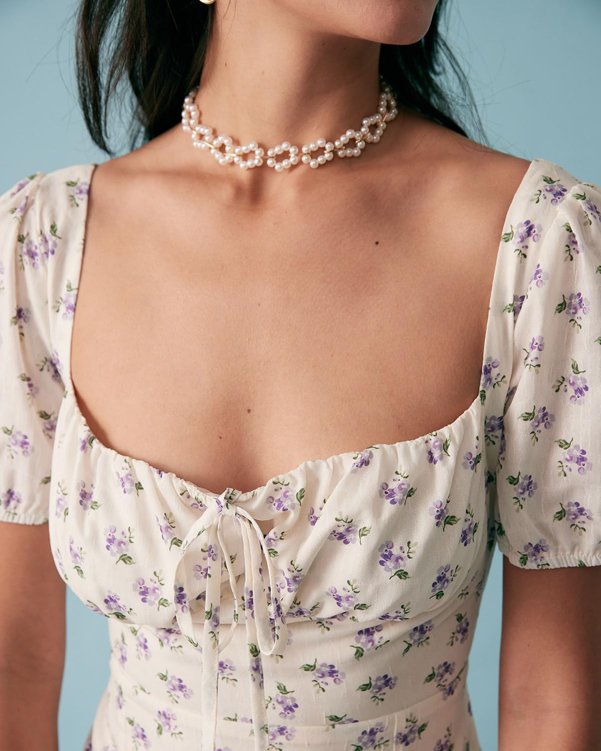 Women Summer Dresses Vintage Square Neck Adjustable Bust Floral Dress Short Puff A-Line Midi Dresses Sleeve