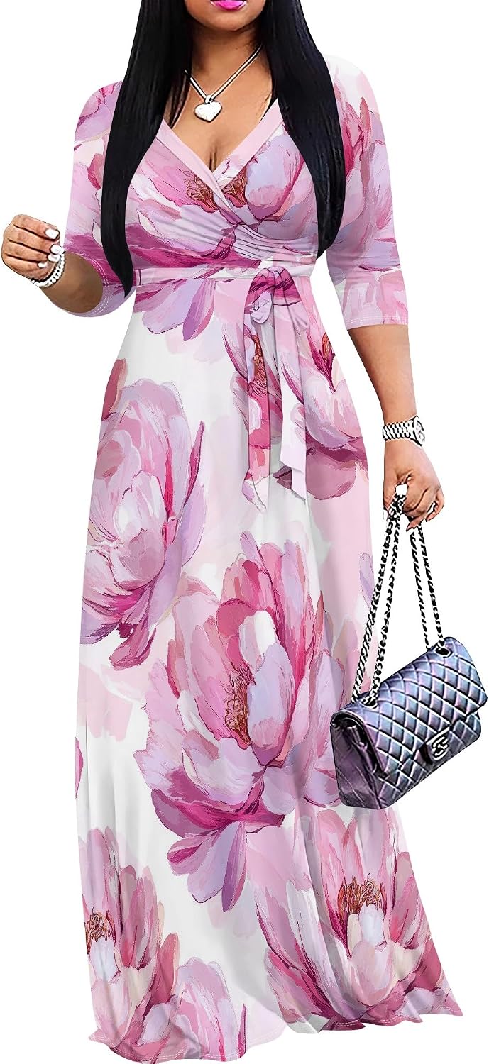 SUZONANA Plus Size Dresses for Women Floral Print Maxi Dress Flowy 3/4 Sleeve with Belt