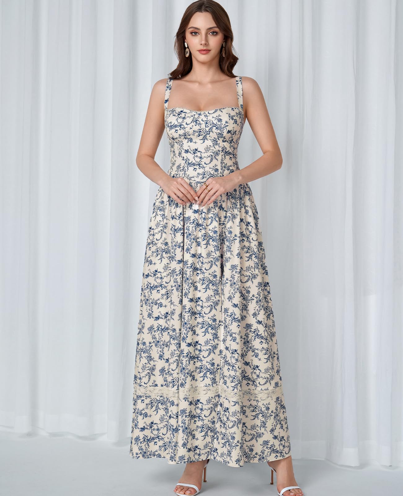 GLNEGE Floral Corset Wedding Guest Maxi Dress Summer Spring Flowy A Line Slit Tea Party Sundress for Women with Pockets