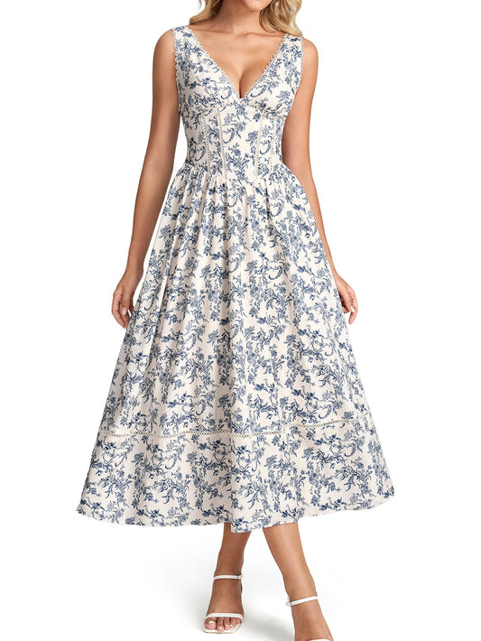 KUTUMAI Floral Corset Midi Dresses for Women 2026 Summer Spring V Neck Lace Up Flowy Wedding Guest Dress