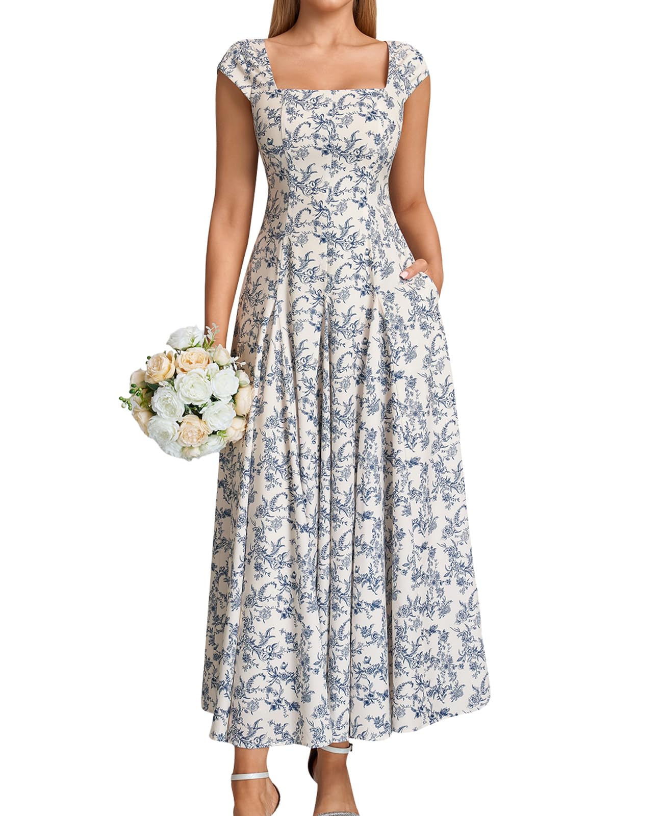 GLNEGE Women’s Corset Wedding Guest Maxi Dress Cap Sleeve Square Neck Lace Up A Line Flowy Formal Midi Dress with Pockets