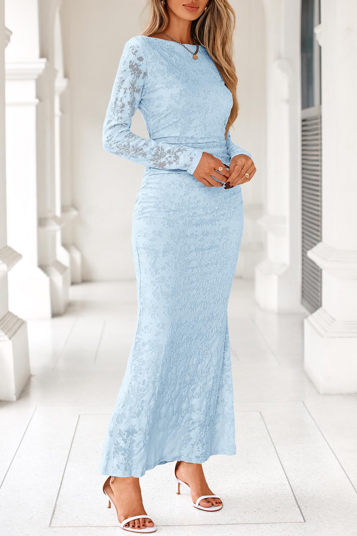 MITILLY Women's Formal Long Sleeve Dress Fall Elegant Floral Bodycon Ruched Cocktail Party Maxi Dresses New