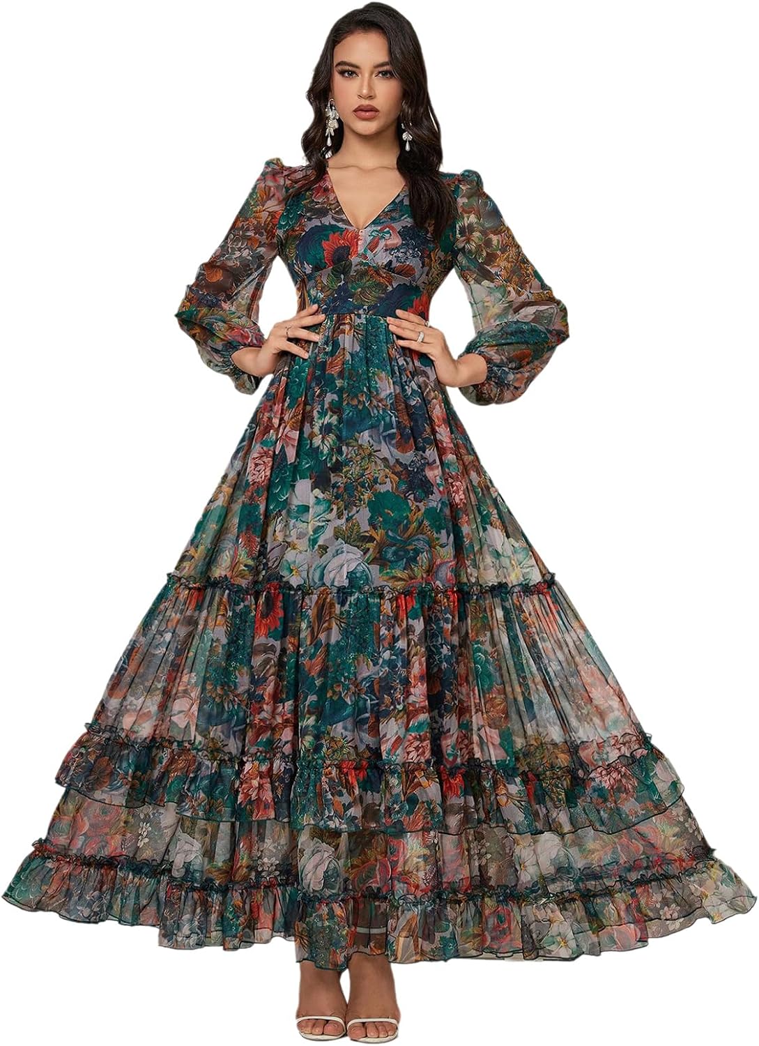 TOLEEN Summer Casual Dresses for Women 2024 Spring Fashion Boho V Neck Long Sleeve Ruffle Floral Print Elegant Maxi Dress