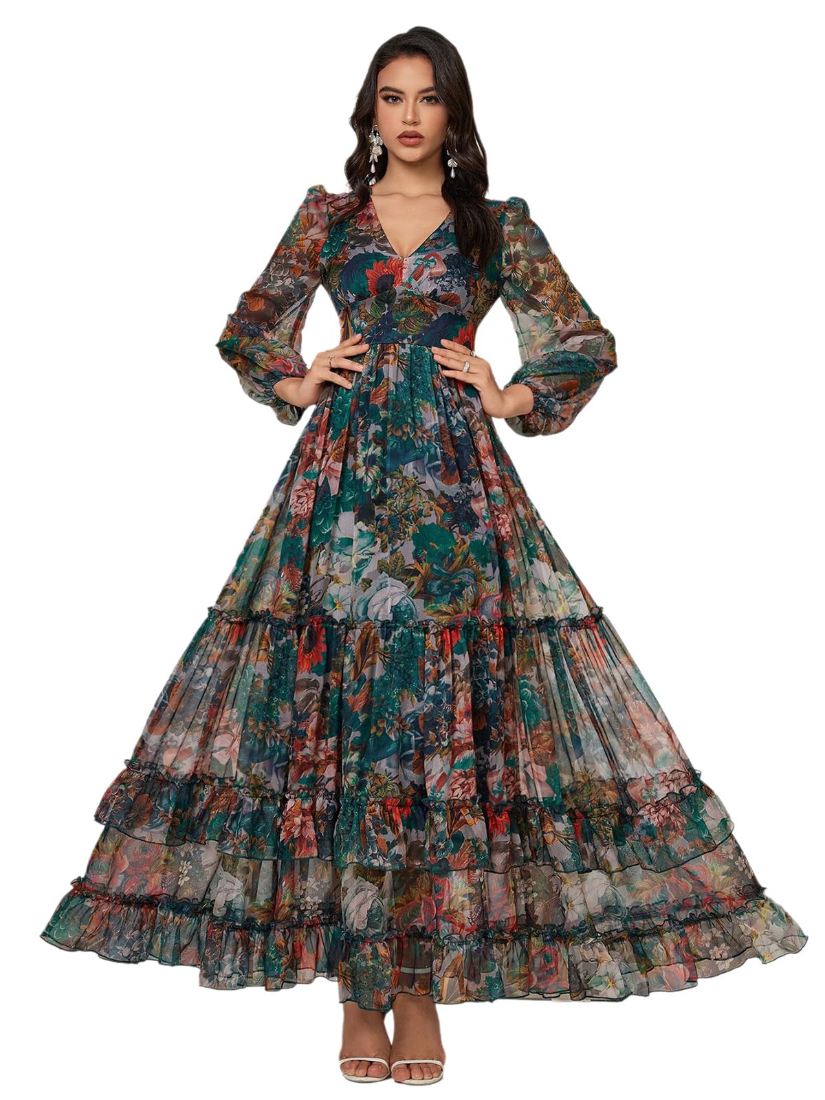 TOLEEN Summer Casual Dresses for Women 2024 Spring Fashion Boho V Neck Long Sleeve Ruffle Floral Print Elegant Maxi Dress