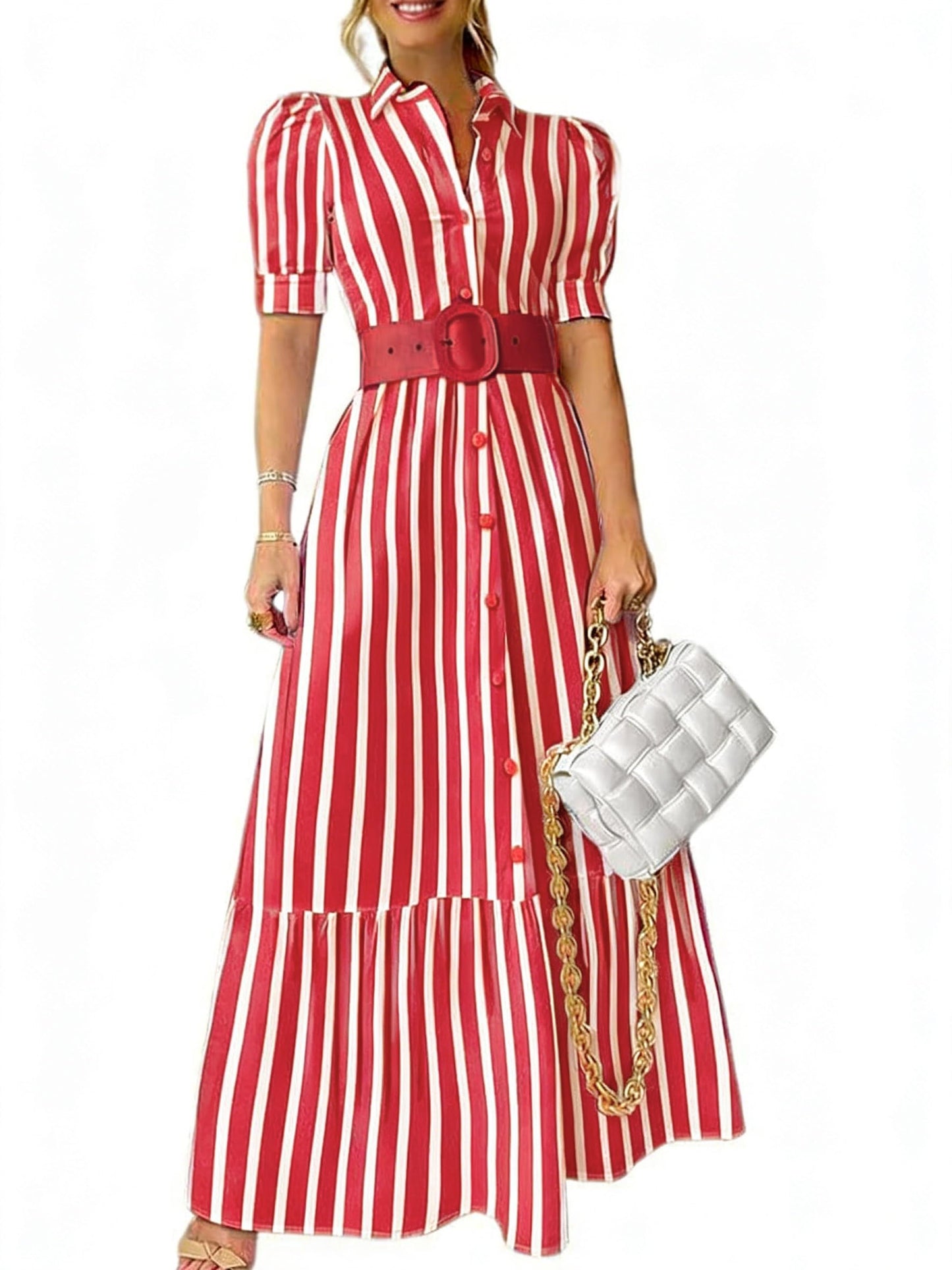 utcoco Womens Striped Button Down Shirt Dress Casual Puff Short Sleeve Ruffle Hem Maxi Dresses with Belt