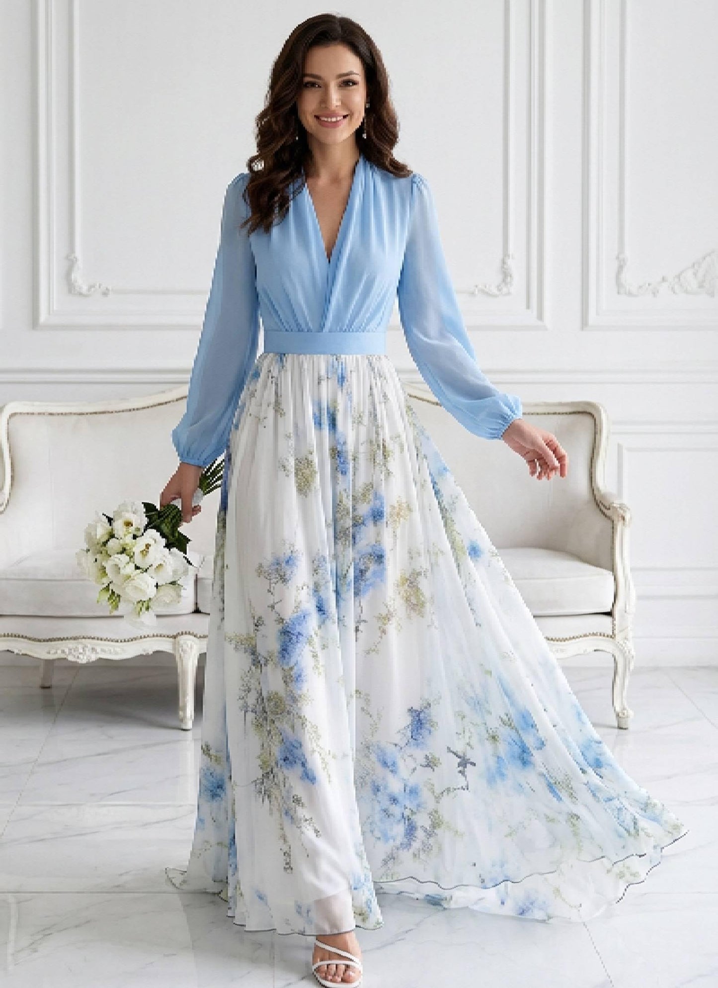 Women's Boho Floral Chiffon Maxi Dresses 2026 Summer Casual Long Sheer Sleeve Deep V Neck A-Line Beach Vacation Dress
