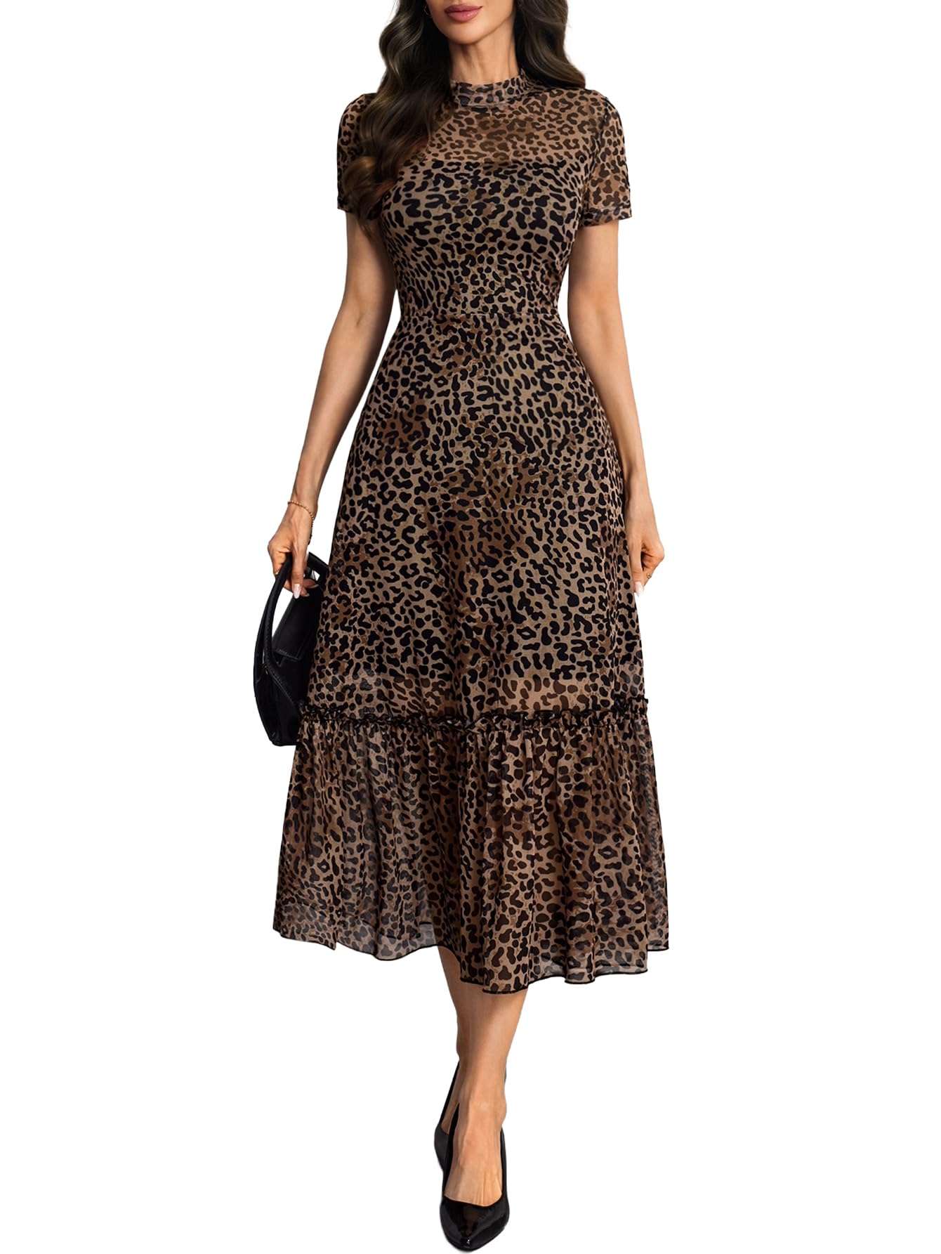 GothDark Women's Summer Floral Mesh Ruffle Dress Short Sleeve Round Neck Waist Cinched Casual Maxi Wedding Guest Dresses