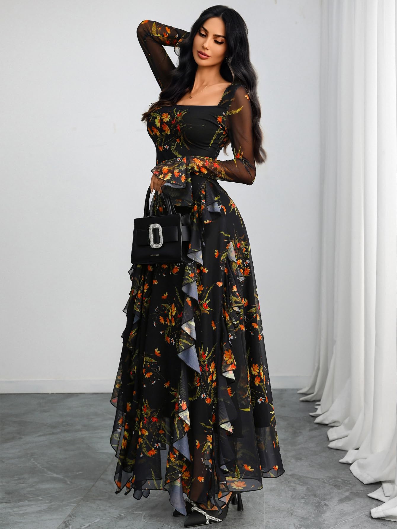 GothDark Women's Floral Dress Mesh Sheer Long Sleeve Square Neck Ruffle Layered Elegant Date Night Holiday Party Outfit