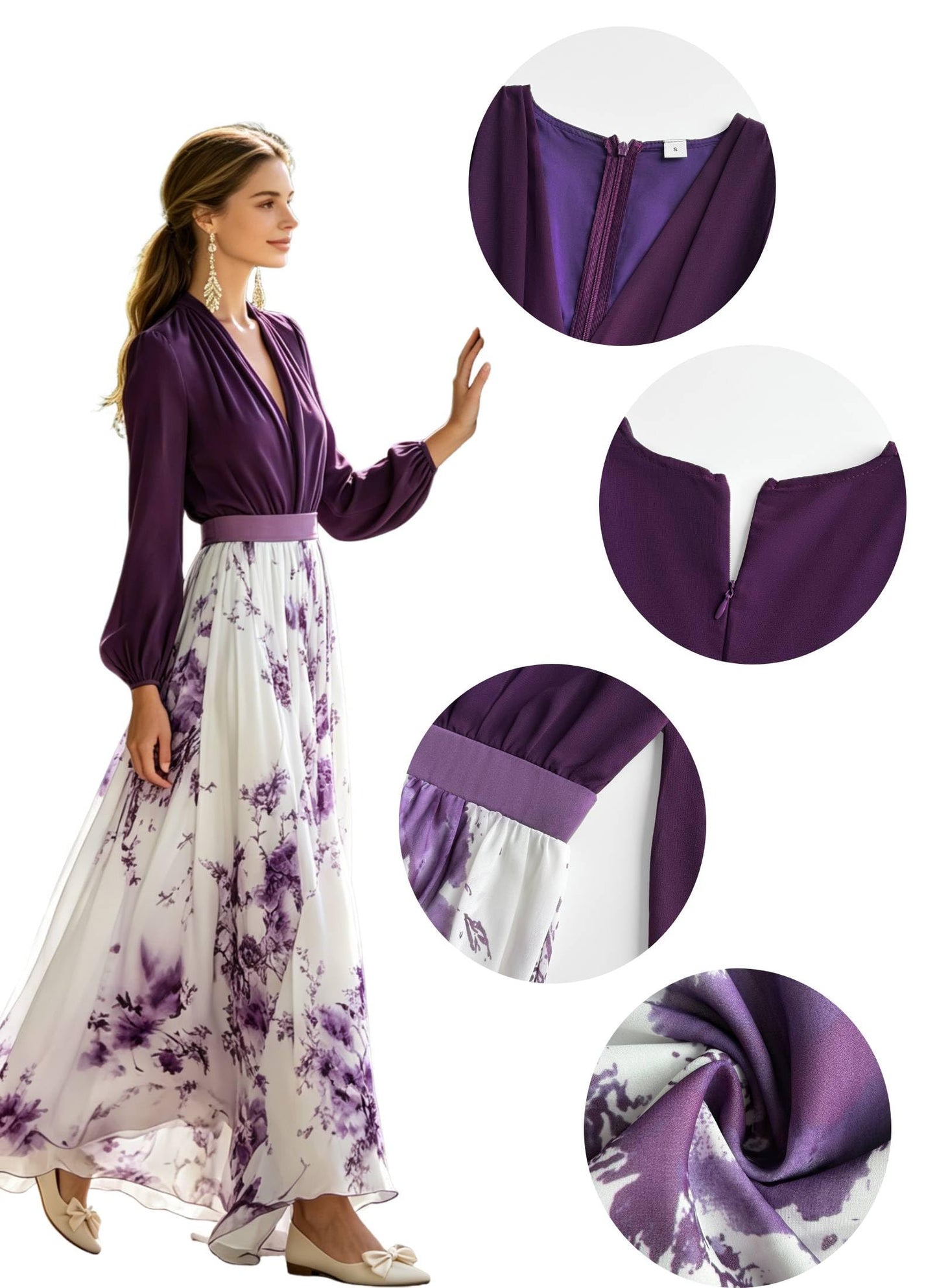 Women's Boho Floral Chiffon Maxi Dresses 2026 Summer Casual Long Sheer Sleeve Deep V Neck A-Line Beach Vacation Dress