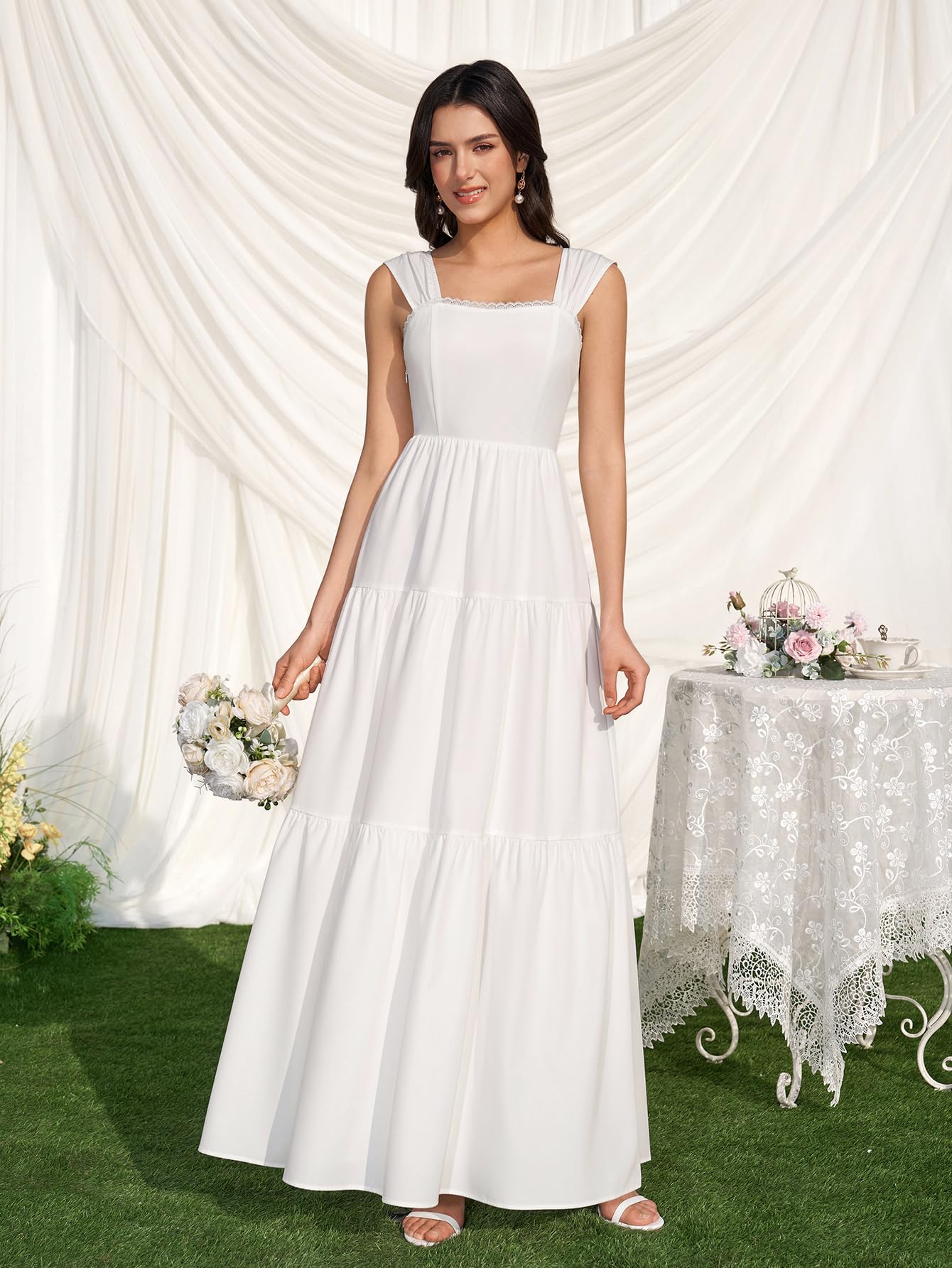 KUTUMAI Floral Maxi Long Dress Lace Up Square Neck Flowy Summer Wedding Guest Dresses for Women 2026