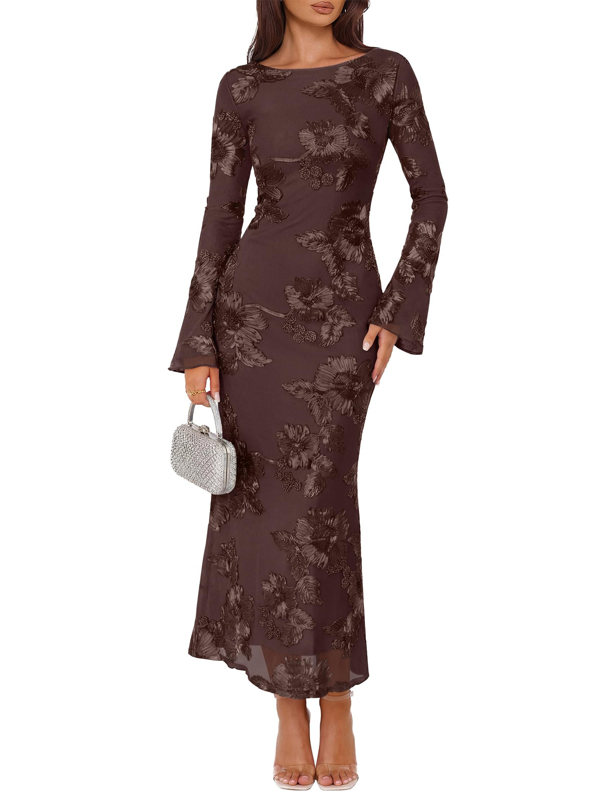 ZESICA Women Fall Long Sleeve Wedding Guest Cocktail Midi Dress