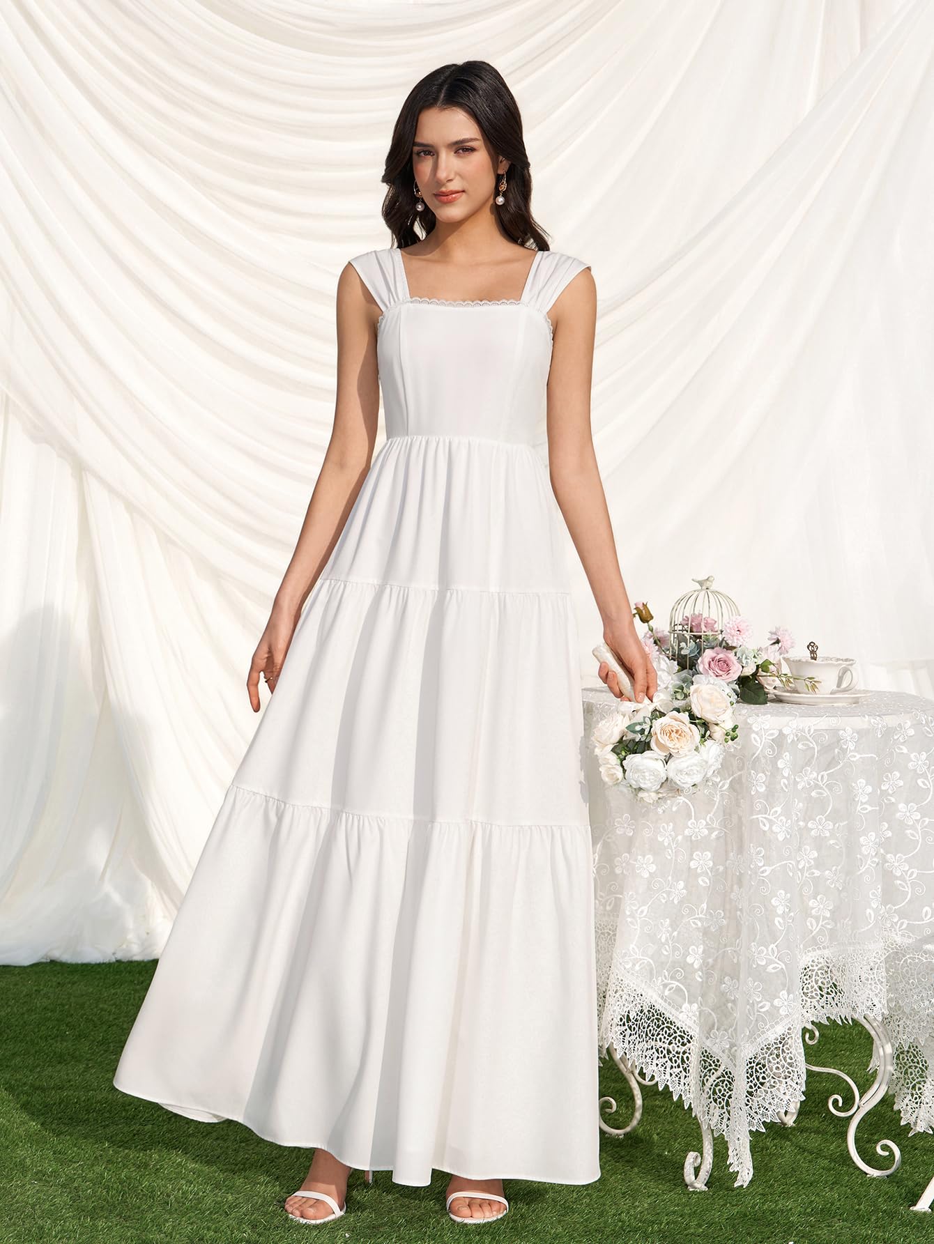 KUTUMAI Floral Maxi Long Dress Lace Up Square Neck Flowy Summer Wedding Guest Dresses for Women 2026