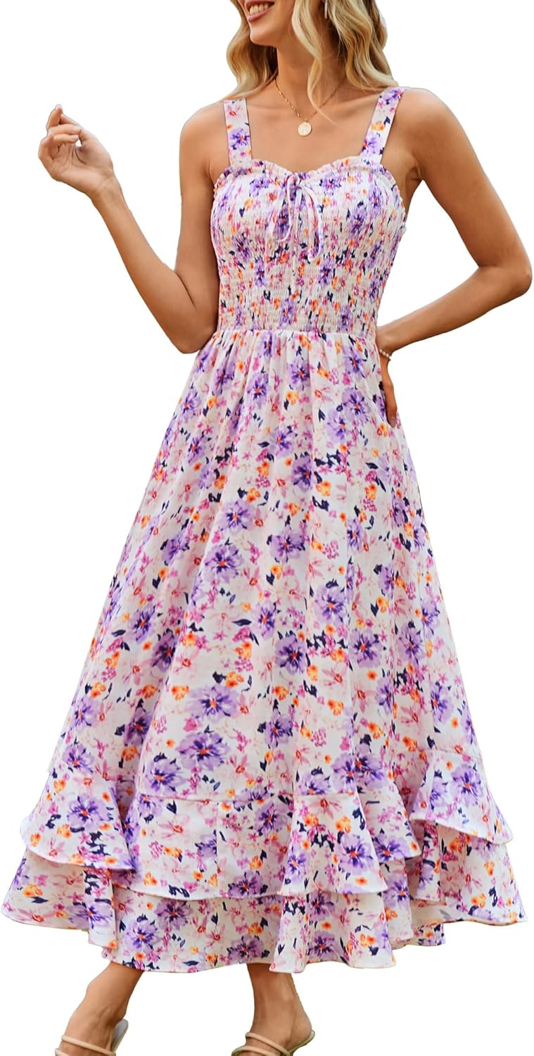 GRACE KARIN Women's 2026 Summer Floral Boho Dress Square Neck Strapped Swing A Line Sundress Beach Long Maxi Outfits