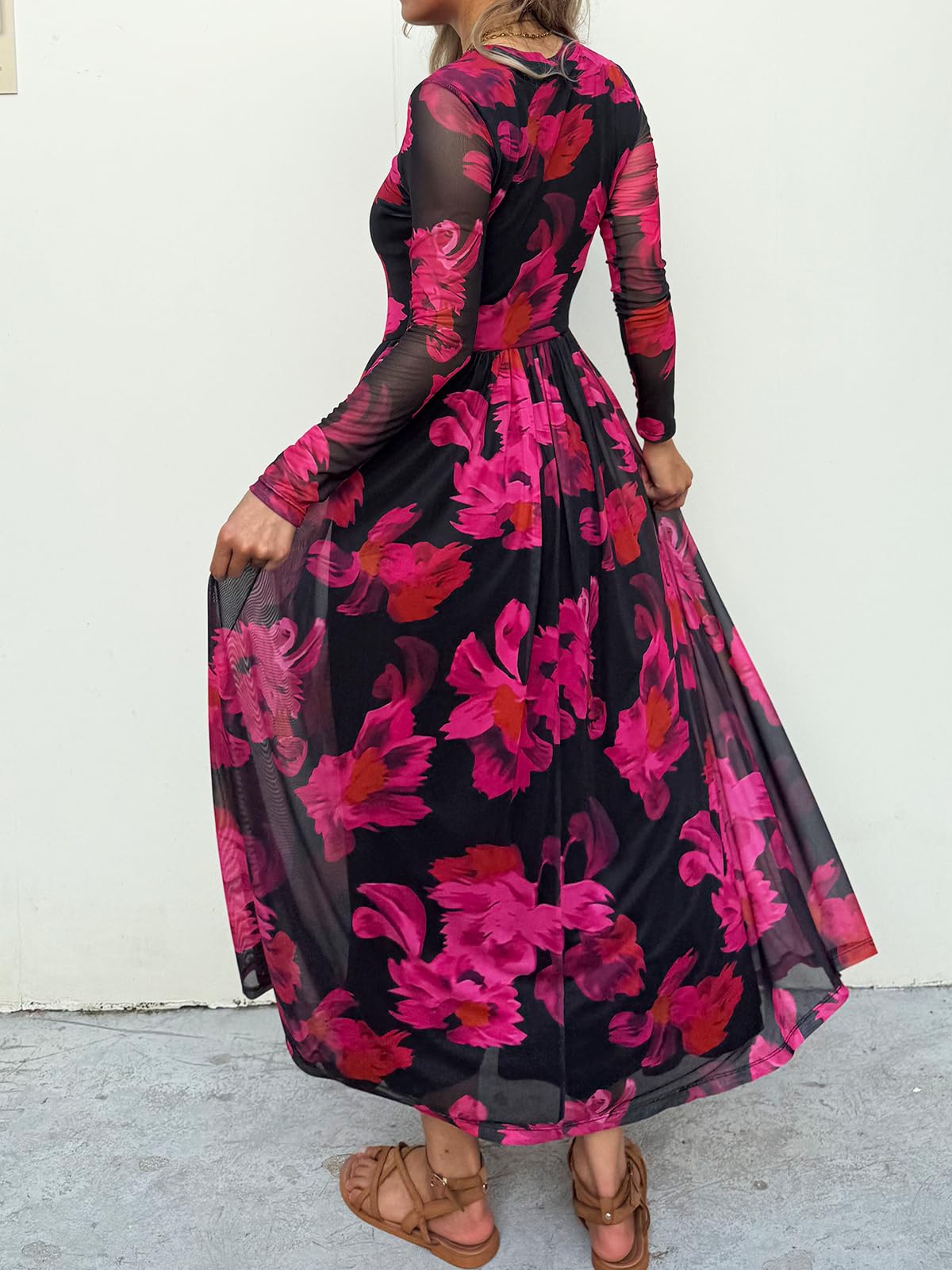 Women's Maxi Dress 2026 Spring Long Sleeve Crewneck Mesh Floral Dress Drop Waist Party Wedding Guest Dresses