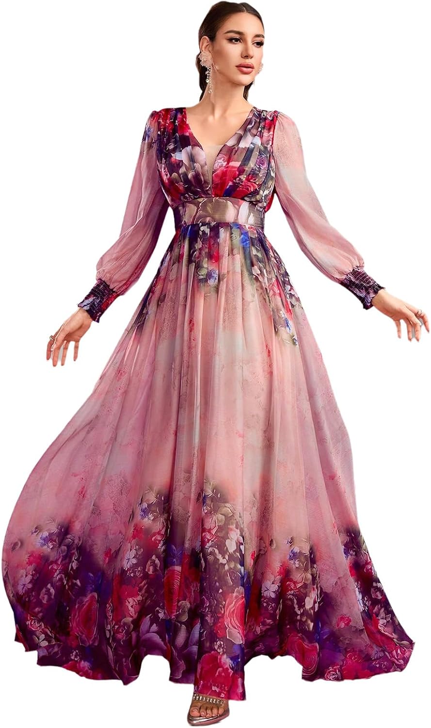 TOLEEN Summer Casual Dresses for Women 2024 Spring Fashion Boho V Neck Long Sleeve Ruffle Floral Print Elegant Maxi Dress