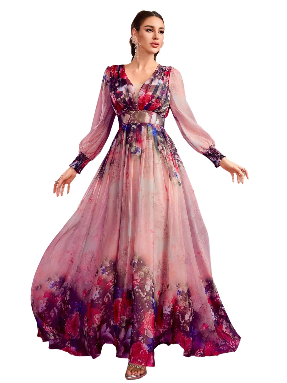 Womens Summer Dresses,Floral Patterns Vintage Elegant Cocktail Long Sleeve Boho Casual Maxi Wedding Guest Dresses for Women