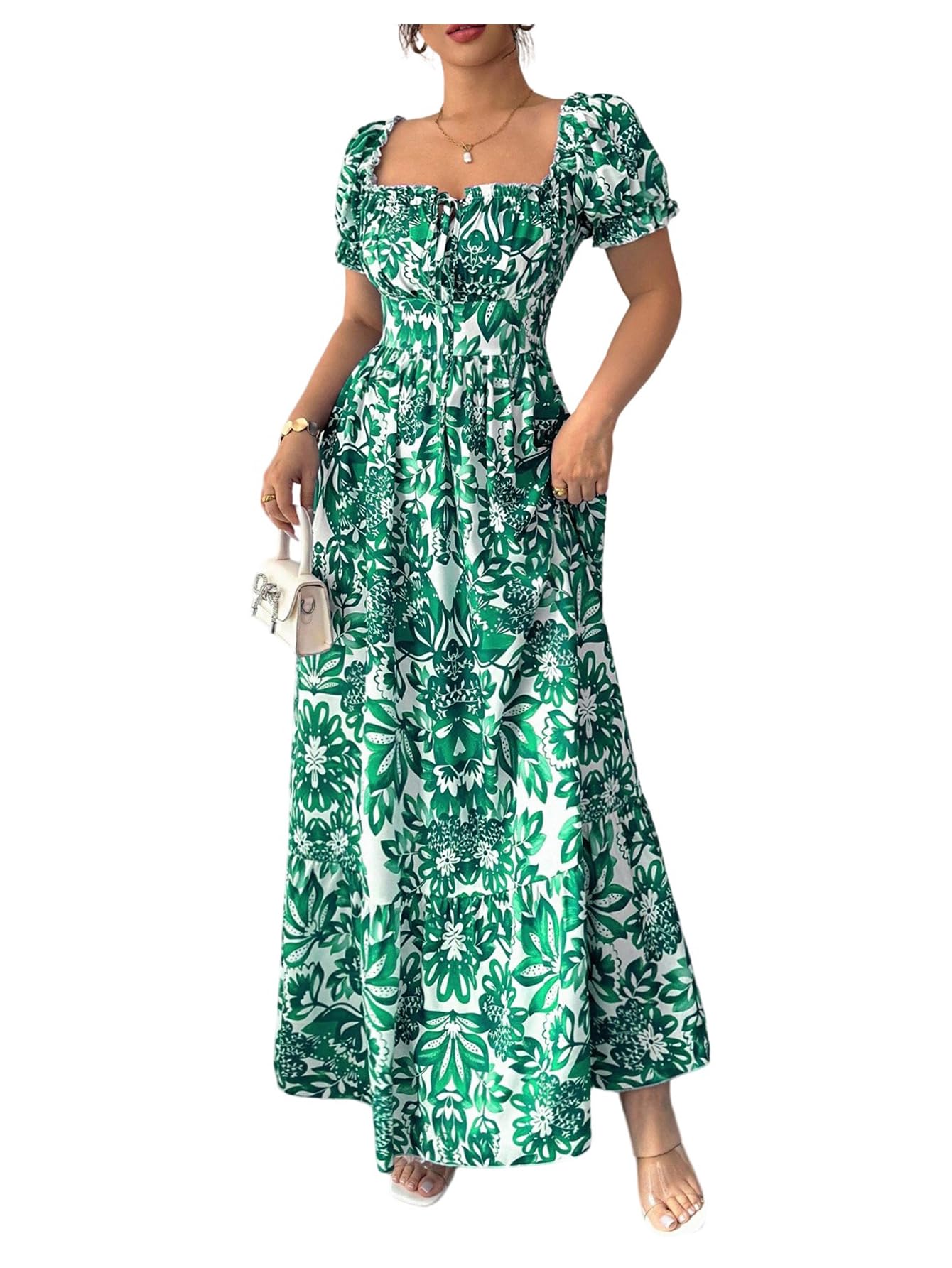 Floerns Women's Floral Short Puff Sleeve Milkmaid Dress Boho A Line Long Dresses