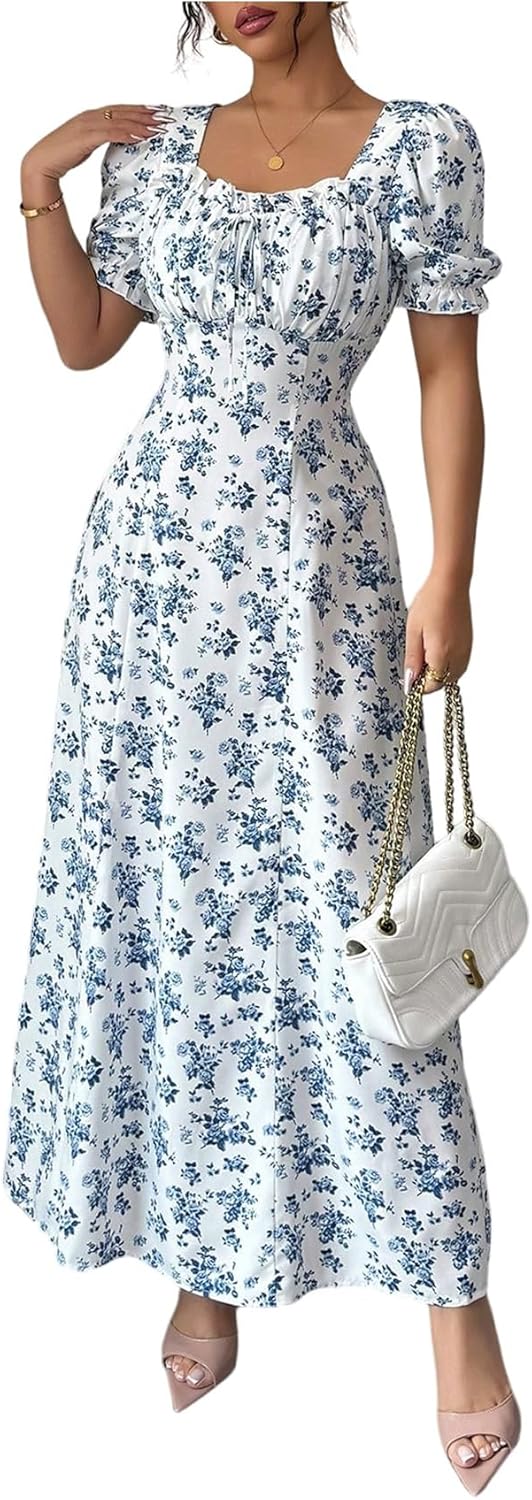 Floerns Women's Floral Short Puff Sleeve Milkmaid Dress Boho A Line Long Dresses