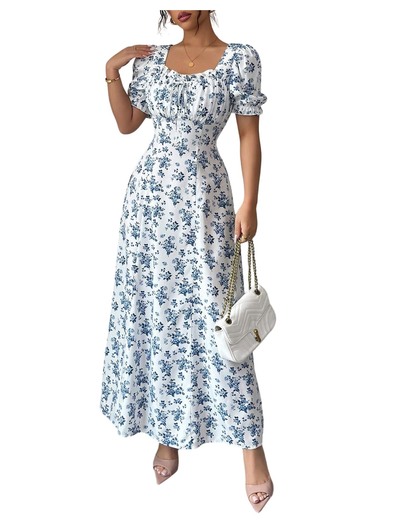 Floerns Women's Floral Short Puff Sleeve Milkmaid Dress Boho A Line Long Dresses