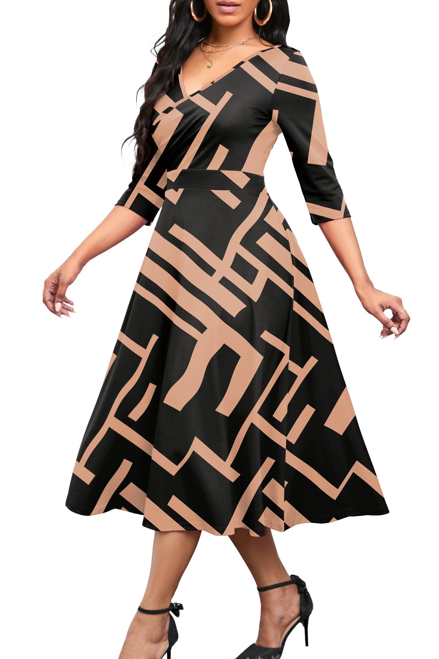 Nmoder Women's Casual Wrap Flared Midi Dress Wedding Guest Cocktail Tea Dresses A-Line Swing V-Neck 3/4 Sleeve