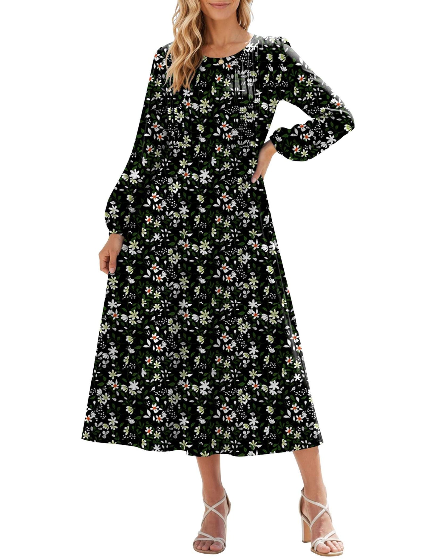 Zeagoo Fall Dresses for Women Long Sleeve Midi Dress Casual A Line Dresses 2026 Pleated Flare Dress with Pockets