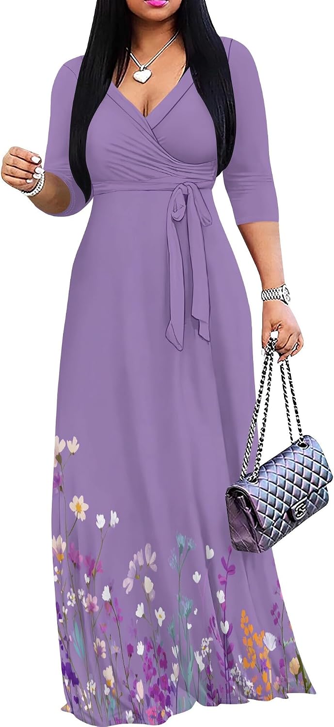 SUZONANA Plus Size Dresses for Women Floral Print Maxi Dress Flowy 3/4 Sleeve with Belt