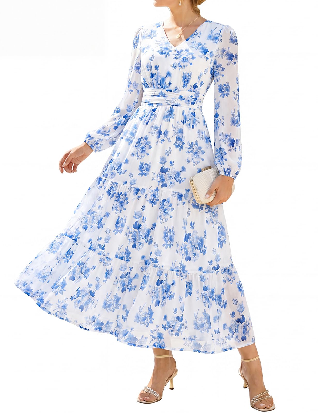 GRACE KARIN Women Floral Maxi Dress Fall Long Sleeve Wedding Guest Dresses