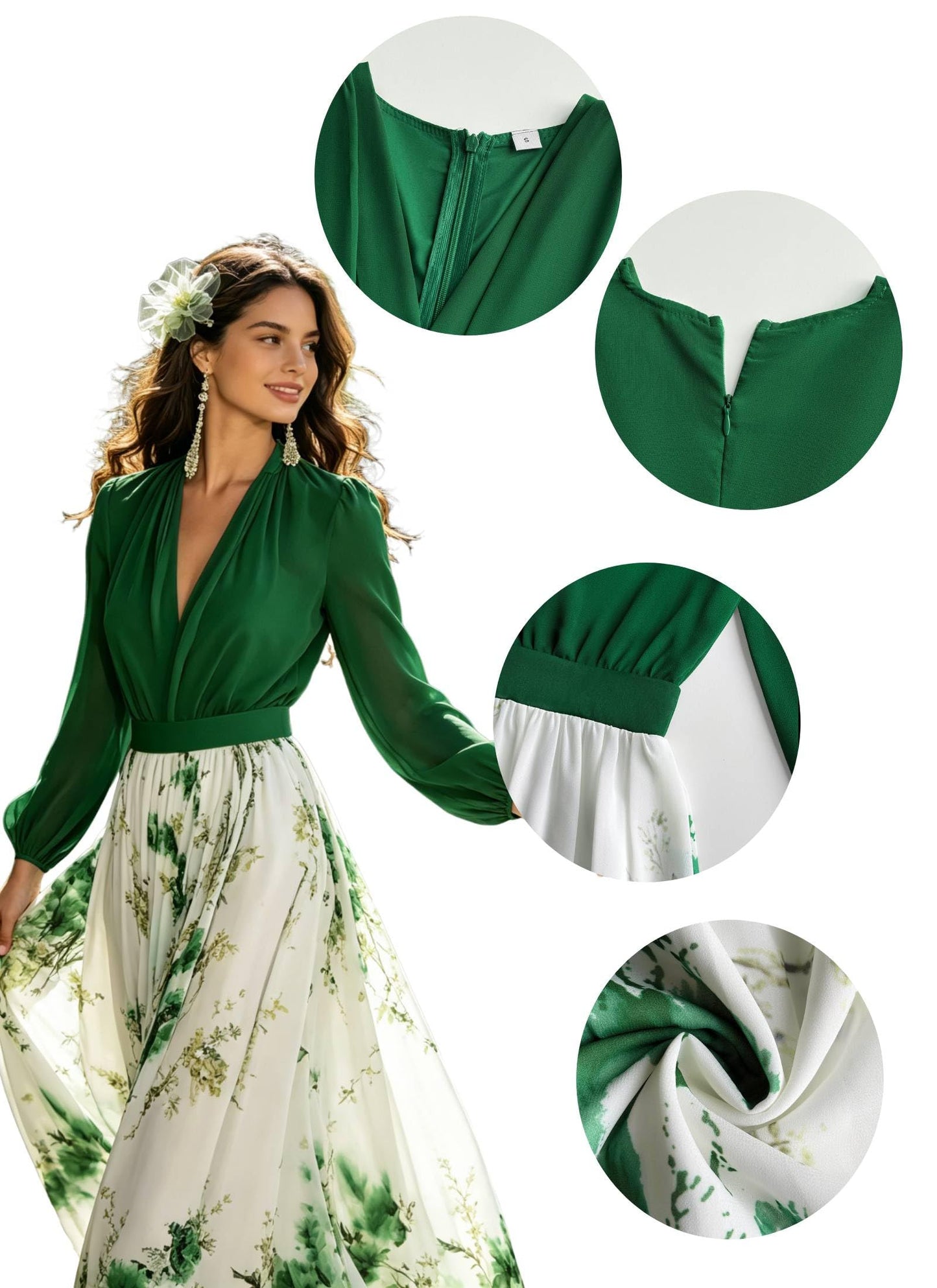 Women's Boho Floral Chiffon Maxi Dresses 2026 Summer Casual Long Sheer Sleeve Deep V Neck A-Line Beach Vacation Dress