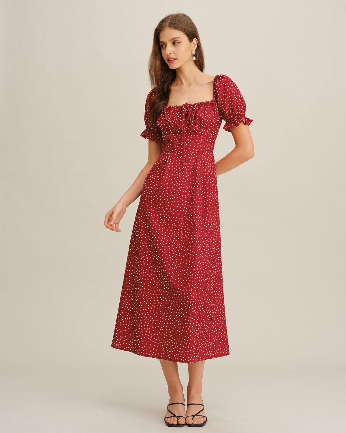 Women Summer Dresses Vintage Square Neck Adjustable Bust Floral Dress Short Puff A-Line Midi Dresses Sleeve