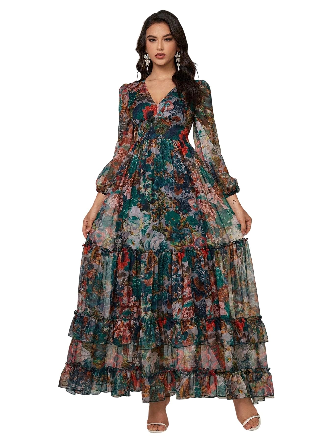 Womens Summer Dresses,Floral Patterns Vintage Elegant Cocktail Long Sleeve Boho Casual Maxi Wedding Guest Dresses for Women