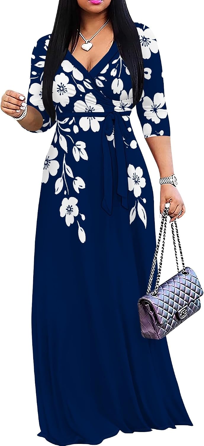 SUZONANA Plus Size Dresses for Women Floral Print Maxi Dress Flowy 3/4 Sleeve with Belt