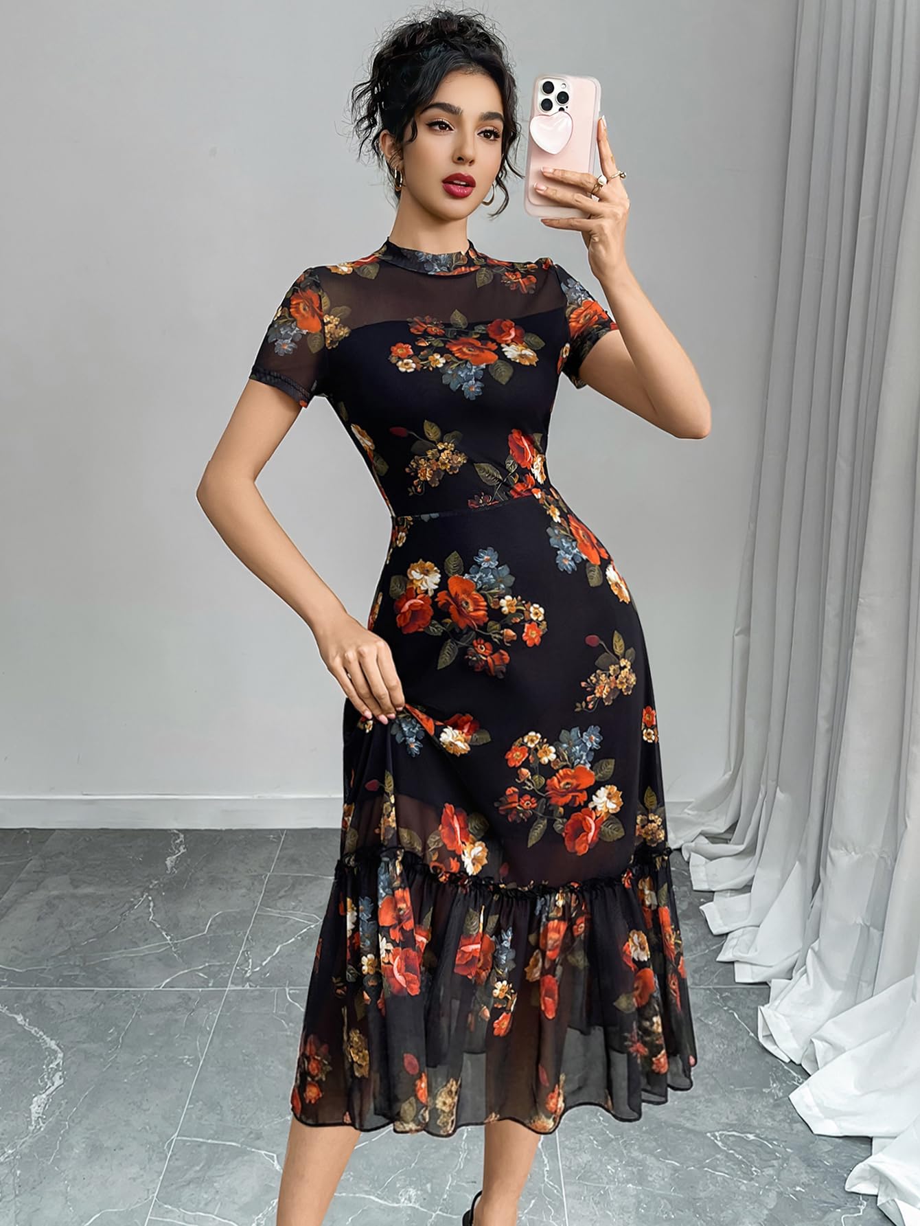 GothDark Women's Summer Floral Mesh Ruffle Dress Short Sleeve Round Neck Waist Cinched Casual Maxi Wedding Guest Dresses