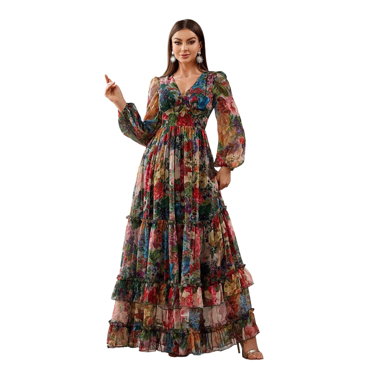 Womens Summer Dresses,Floral Patterns Vintage Elegant Cocktail Long Sleeve Boho Casual Maxi Wedding Guest Dresses for Women
