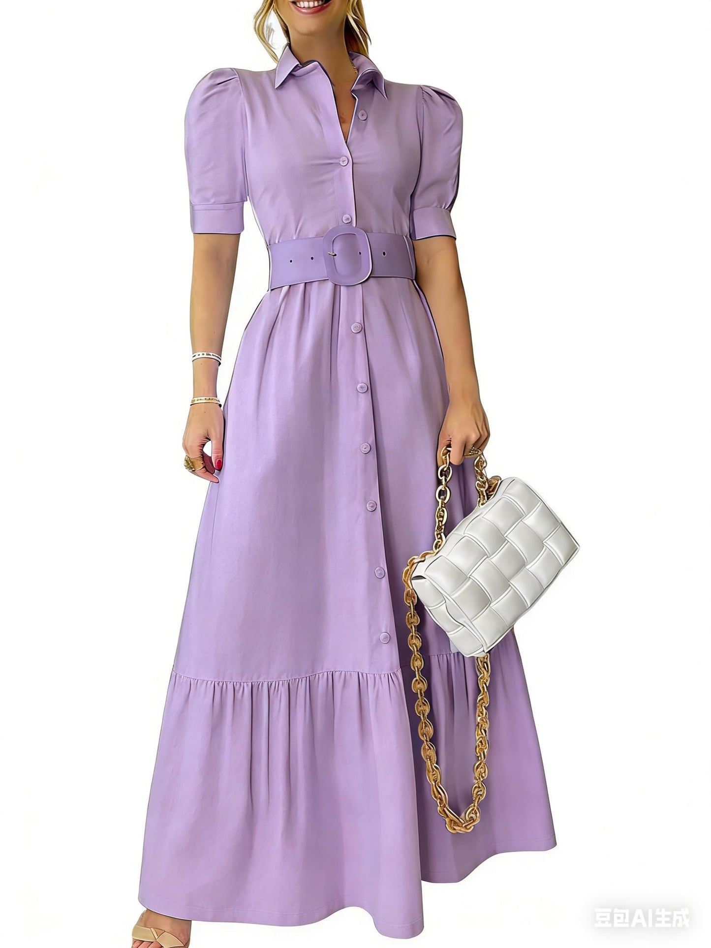 utcoco Womens Striped Button Down Shirt Dress Casual Puff Short Sleeve Ruffle Hem Maxi Dresses with Belt