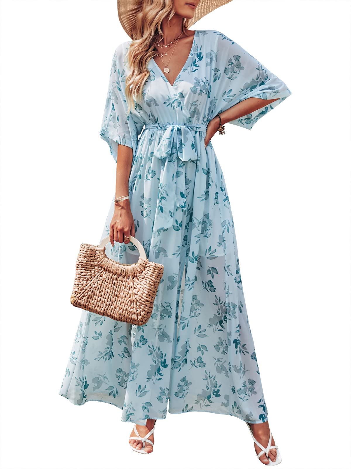 ANRABESS Womens 1/2 Sleeve Beach Wedding Guest Maxi Dresses 2026 Summer Wrap V Neck Boho Floral Flowy Slit Long Dresses