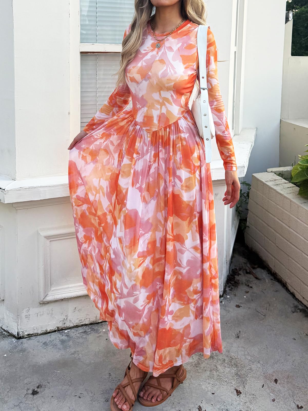 Women's Maxi Dress 2026 Spring Long Sleeve Crewneck Mesh Floral Dress Drop Waist Party Wedding Guest Dresses