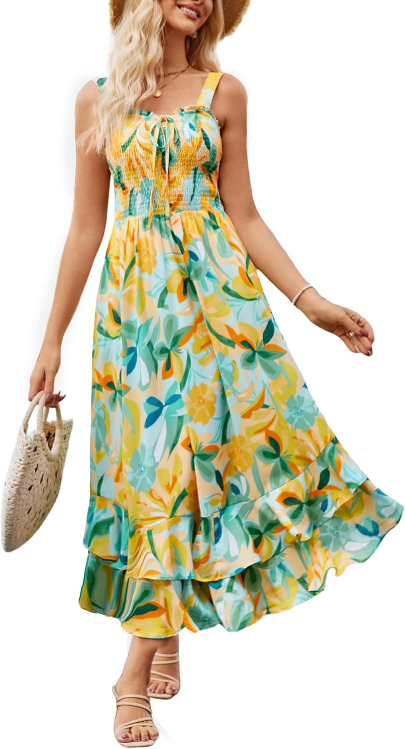 GRACE KARIN Women's 2026 Summer Floral Boho Dress Square Neck Strapped Swing A Line Sundress Beach Long Maxi Outfits