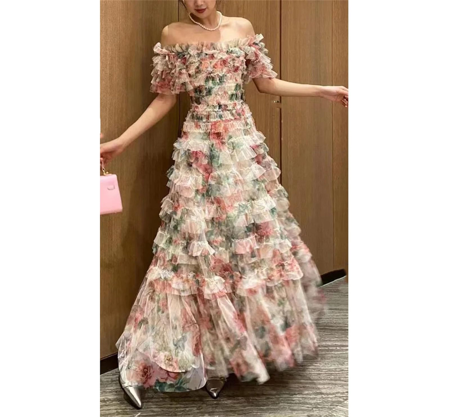 Women Summer Floral Long Dress Holiday Tulle Layer Ruffles Evening Party Maxi Vestidos