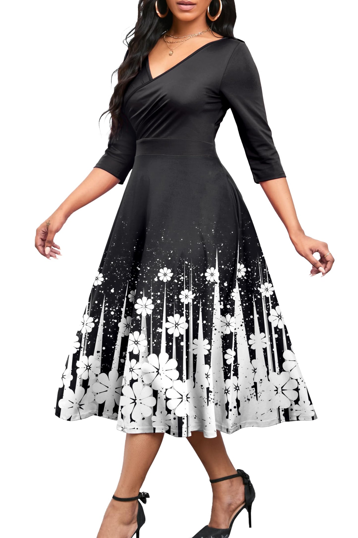 Nmoder Women's Casual Wrap Flared Midi Dress Wedding Guest Cocktail Tea Dresses A-Line Swing V-Neck 3/4 Sleeve