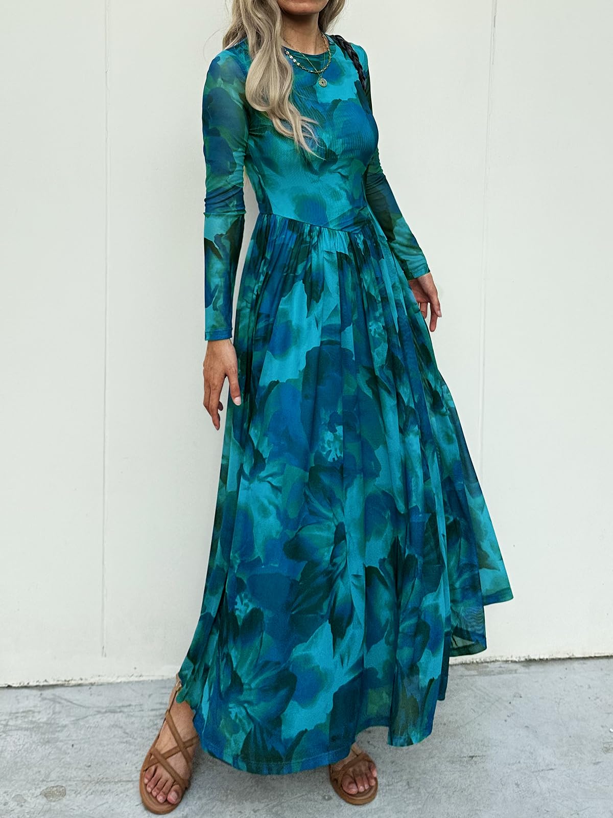 Women's Maxi Dress 2026 Spring Long Sleeve Crewneck Mesh Floral Dress Drop Waist Party Wedding Guest Dresses