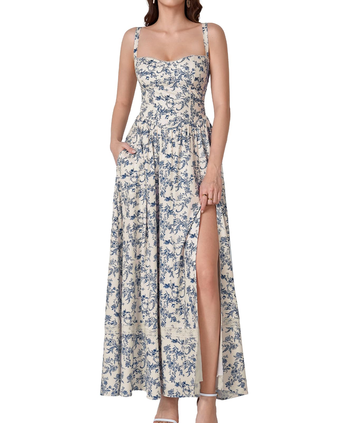 GLNEGE Floral Corset Wedding Guest Maxi Dress Summer Spring Flowy A Line Slit Tea Party Sundress for Women with Pockets