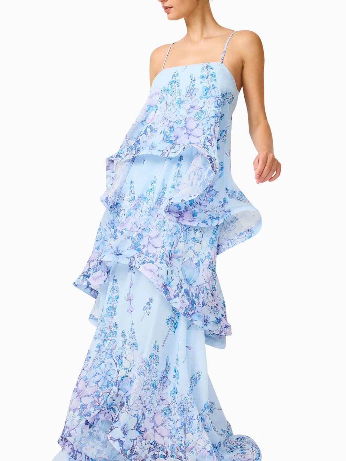 Women's Elegant Print Layered Ruffle Prom Dress Spaghetti Strap Backless Loose Chiffon Maxi Dress