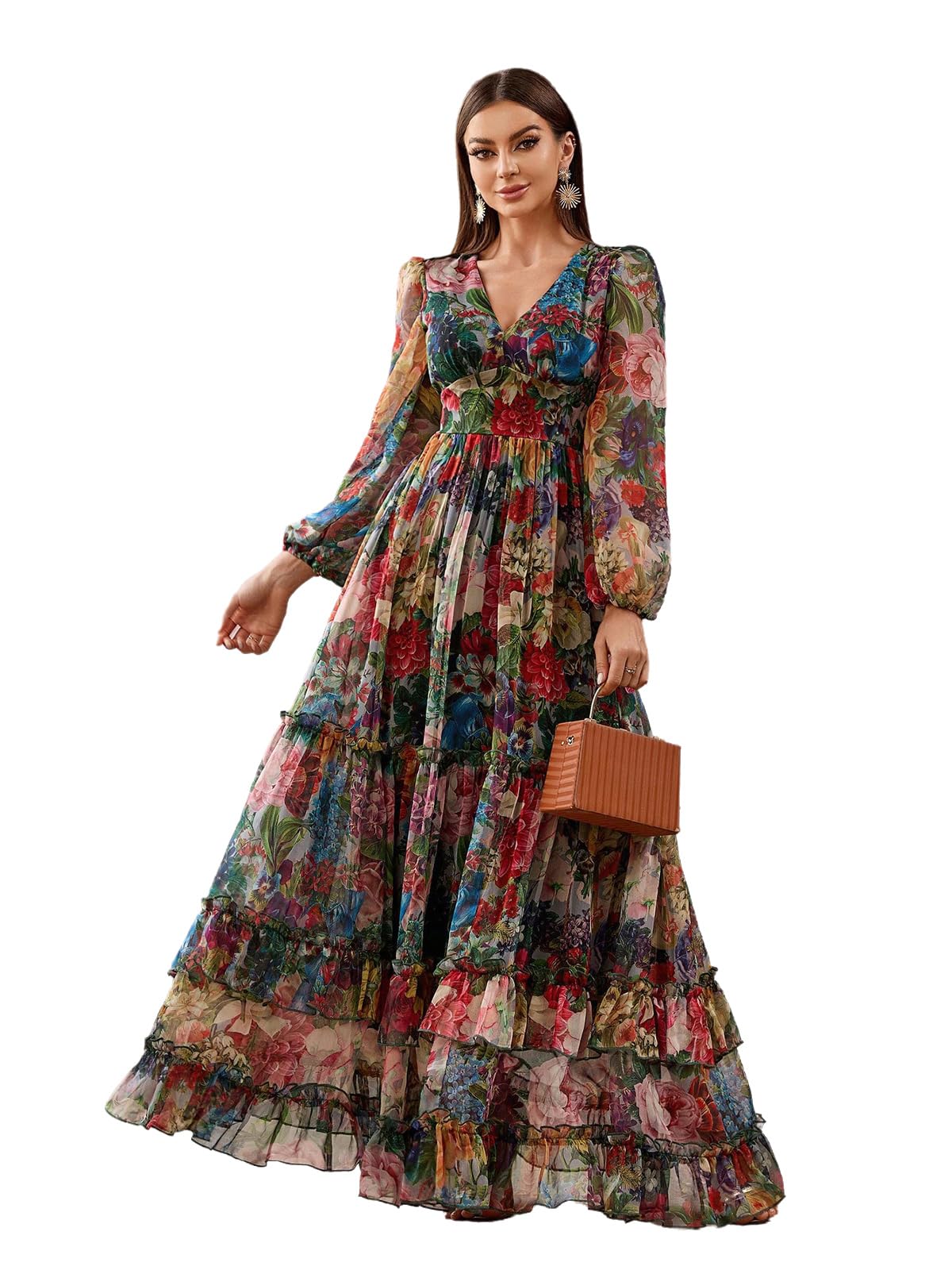 TOLEEN Summer Casual Dresses for Women 2024 Spring Fashion Boho V Neck Long Sleeve Ruffle Floral Print Elegant Maxi Dress