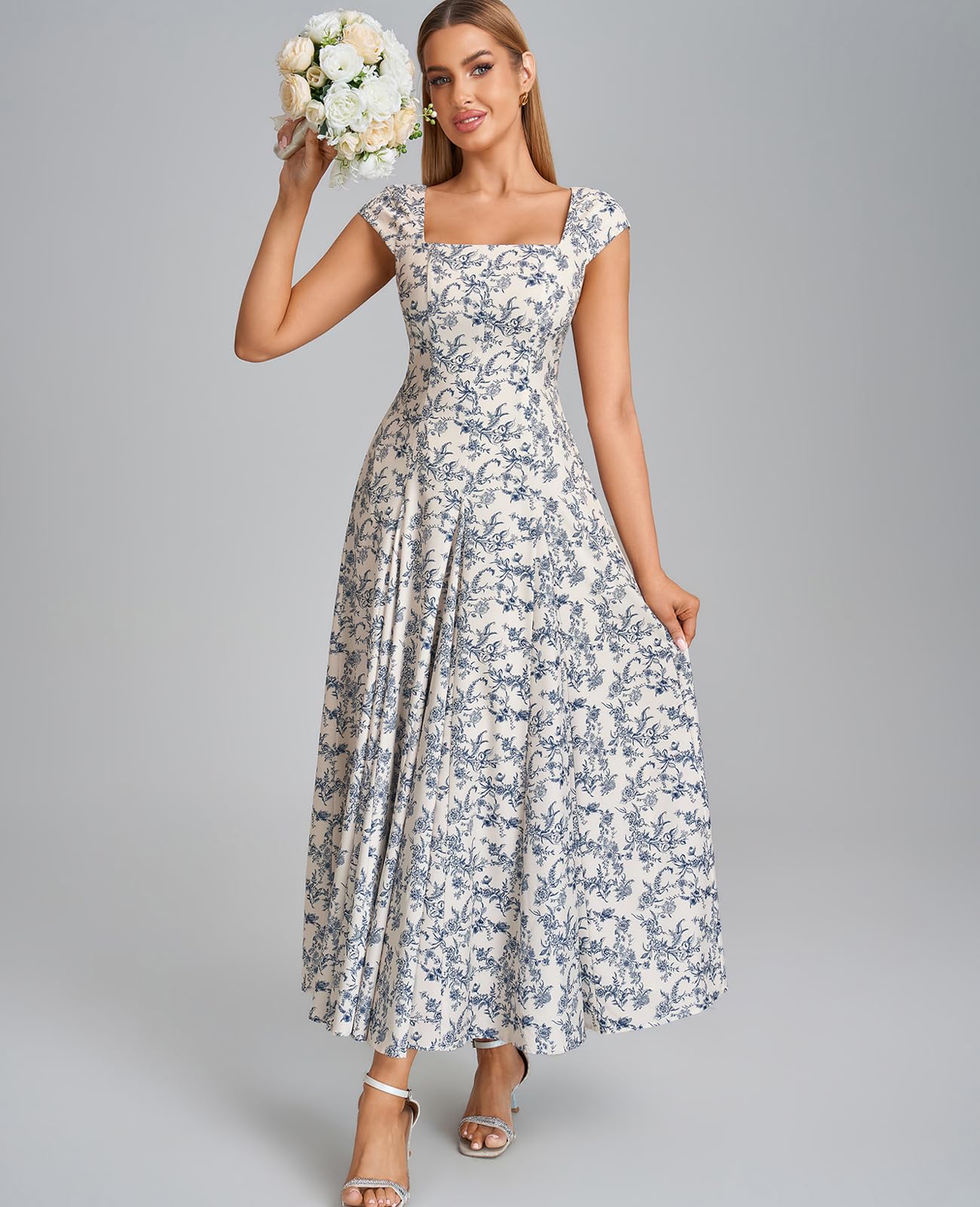 GLNEGE Women’s Corset Wedding Guest Maxi Dress Cap Sleeve Square Neck Lace Up A Line Flowy Formal Midi Dress with Pockets