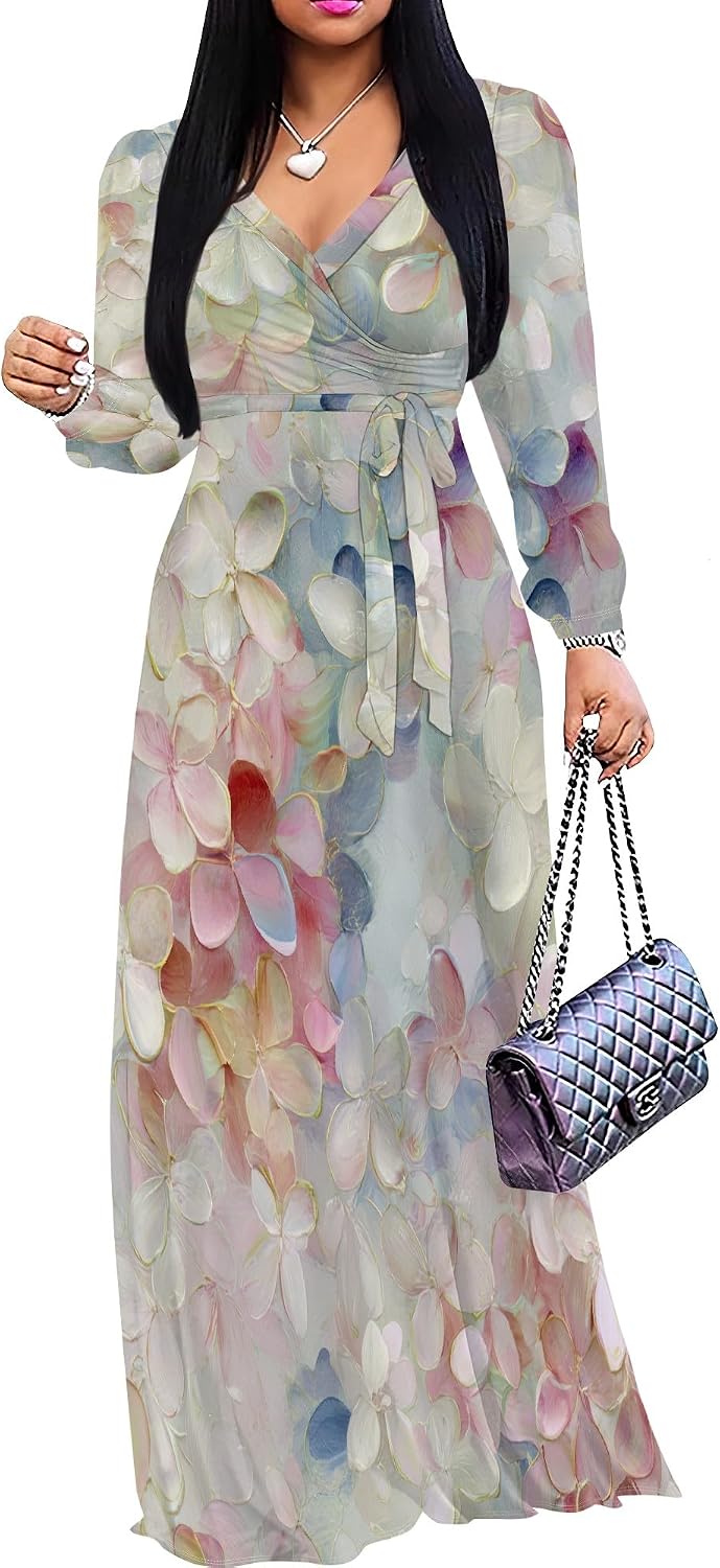 SUZONANA Plus Size Dresses for Women Floral Print Maxi Dress Flowy 3/4 Sleeve with Belt