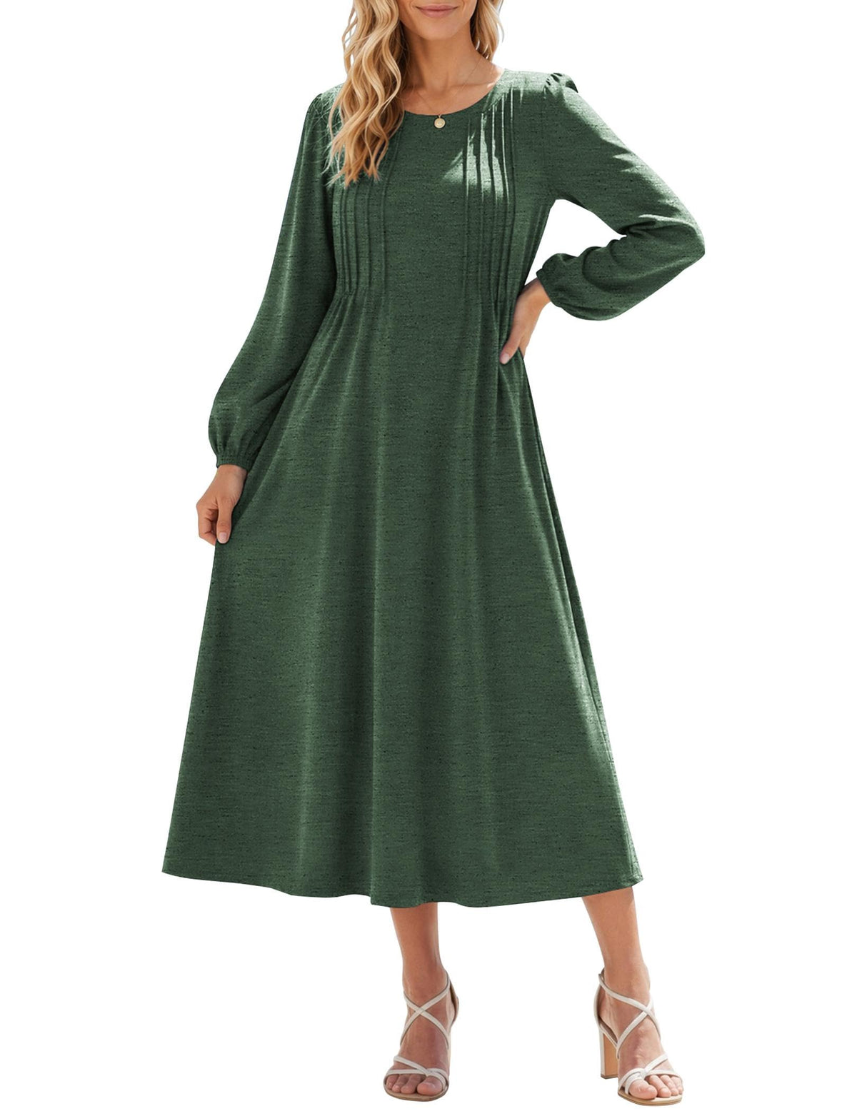 Zeagoo Fall Dresses for Women Long Sleeve Midi Dress Casual A Line Dresses 2026 Pleated Flare Dress with Pockets